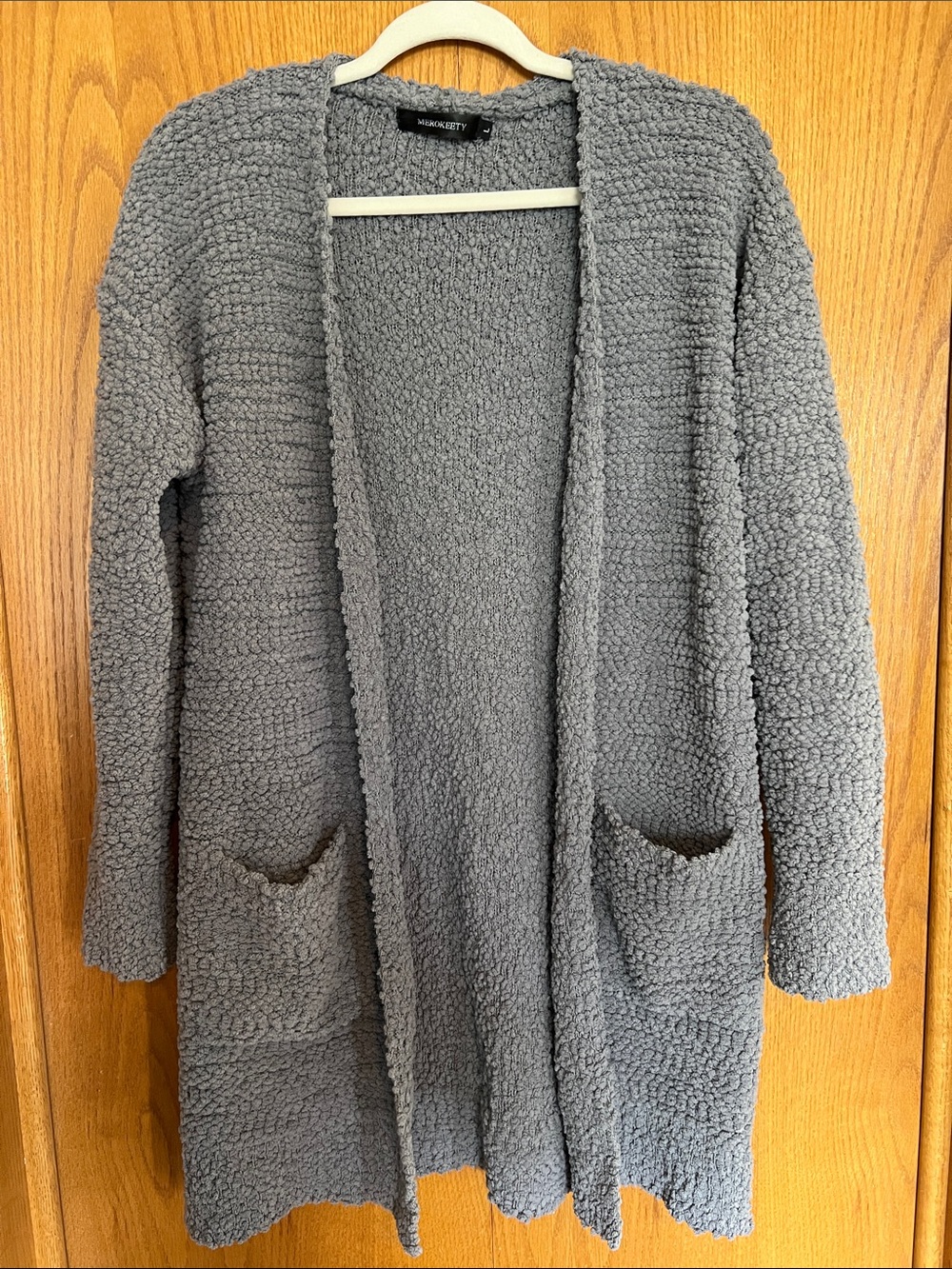 Merokeety Gray Textured Open-Front Popcorn Knit Cardigan